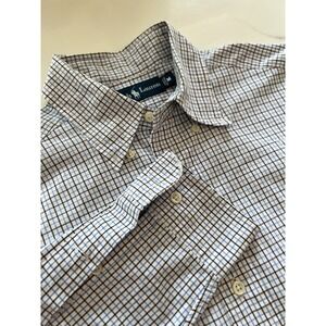 Polo Ralph Lauren Shirt Medium Blue Brown Cotton Button Casual Business Checker